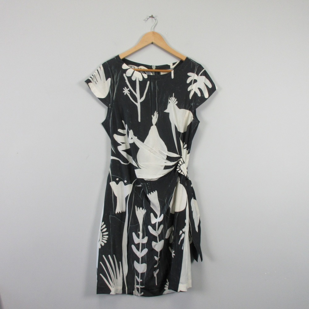 Cotelac Mini Dress 3 US 10 Black White Floral Tie Waist Abstract Unique 152